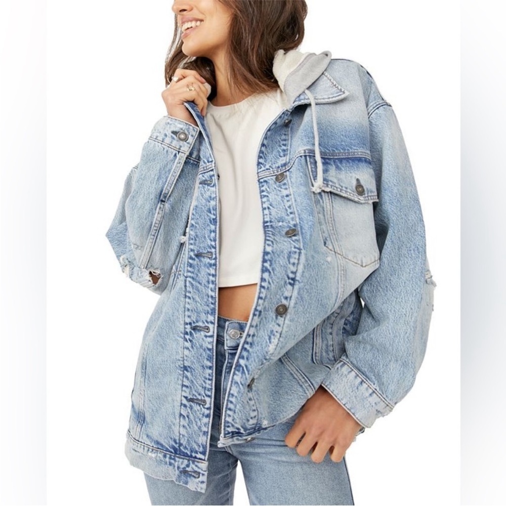 Free People We the Free Flawless distressed oversized denim jacket - Picture 1 of 11